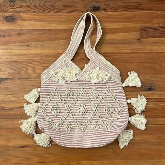 Fantasia Accessories Purple Pink Striped Tassel Shoulder Tote Bag OS - Picture 3 of 12